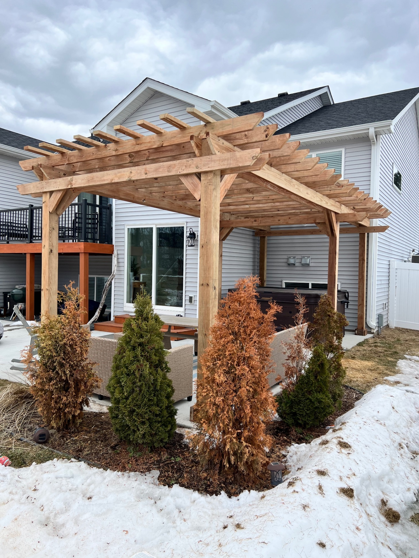 Fresh cedar pergola with hot tub and outdoor seating